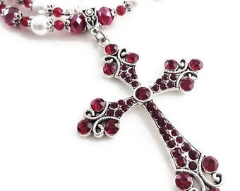 Collier Vintage MICRIS Perles Et Strass Rouges - Plaqué Or 24 Carats, 42 Cm