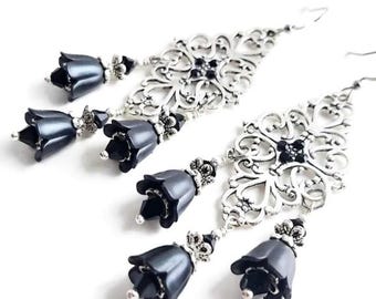 Pearlized Black Tulip Gothic Chandelier Earrings, Silver Filigree Botanical Dangles, Nature-Inspired Jewelry, Flower Large Long Earrings