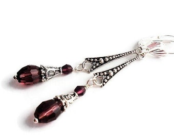 Burgundy Crystal Teardrop Earrings, Antique Silver Long Dainty Earrings, Victorian Romantic Jewelry, Lightweight Elegant Earring For Women