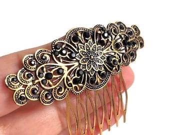 Antique Gold Filigree Victorian Hair Comb, Black Crystal Bridal Comb, Art Deco  Hair Jewelry, Statement Hair Adornment, Gothic Wedding Comb
