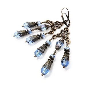 Baby Blue Chandelier Earrings, Crystal Teardrop Big Dangles, Renaissance Victorian Jewelry, Brass Filigree Lightweight, Long Dangle Earrings