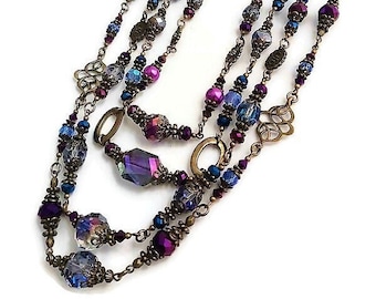 Peacock Blue and Purple Extra Long Necklaces Set, Multi Color Statement Layered Necklaces, Romantic Retro Crystal Necklace, Vintage Style