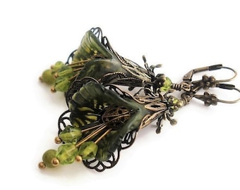Hand Painted Olive Green Lucite Flower Earrings, Brass Filigree Orchid Earrings, Nature Inspired Jewelry, Lightweight Big Botanical Earrings