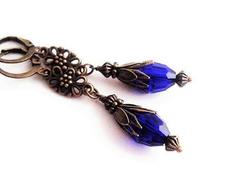 Royal Blue Victorian Teardrop Earrings, Brass Filigree Long Crystal Earrings, Renaissance Retro Jewelry, Elegant Dangle Earrings For Women