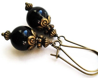 Boucles d’oreilles victoriennes Onyx noir, pierre de naissance de guérison de protection, boucles d’oreilles longues pendantes pour femmes, cadeau d’anniversaire, boucles d’oreilles gothiques en pierres précieuses