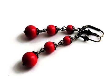 Red Graduated Bead Earrings, Long Dangle Earrings, Lightweight Red Ball Earrings, Modern Minimalist Jewelry Gift, Statement Dainty Earrings