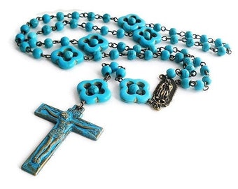 Catholic Our Lady of Guadalupe Turquoise Rosary, Baptism Communion Gift, Prayer Beads Rosary, Blue Gemstone Five Decade Rosary For Women