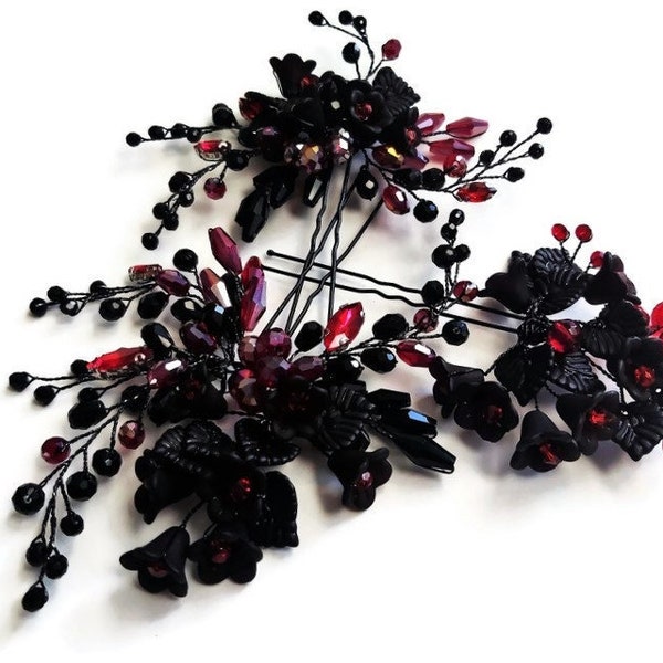 Black and Red Gothic Wedding Hair Pins, Bridal Flower Hair Accessory, Crystal Rhinestone Hair Jewelry, Botanical Nature Bridesmaid Hairpiece