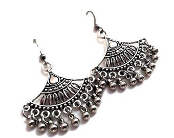 Antique Silver Chandelier Earrings, Big Bold Charmed Earrings, Ethnic Tribal Jewelry Gift, Statement Bohemian Dangle Earrings, Indian Jhumka
