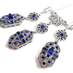 Sapphire Blue Art Deco Bridal Jewelry Set, Vintage style Wedding Necklace Earrings, 1920s Flapper Long Dangle Earrings, Great Gatsby Jewelry