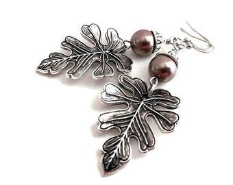 Oak Leaf and Acorn Earrings, Antique Silver Large Botanical Earrings, Nature Inspired Woodland Jewelry, Long Beige Pearl Statement Earrings