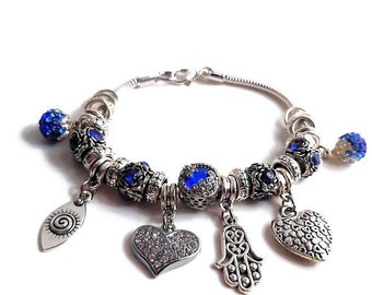 Hamsa Pandora Style Adjustable Bracelet, Silver Snake Chain European Charm Bracelet, Evil Eye Bohemian Jewelry, Royal Blue Crystal Bracelet