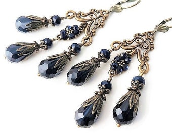 Montana Blue Victorian Chandelier Earrings, Long Crystal Teardrop Earrings, Statement Renaissance Jewelry, Brass Filigree Rhinestone Dangles