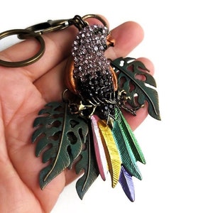 Purple Crystal Parrot Bag Charm, Colorful Clip On Purse Charm, Tropical Bird Keychain, Zipper Pull Charm, Key Ring, Bling Car Mirror Hanging