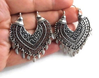 Antique Silver Filigree Hoop Earrings, Large Mandala Earrings, Leaf Charmed Earrings, Bohemian Ethnic, Statement Chandelier Earrings Women