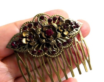 Victorian Deep Red Flower Hair Comb, Brass Filigree Crystal Rhinestone Hair Accessory, Vintage Style Hair Jewelry, Floral Bridal Headpiece