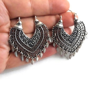 Antique Silver Filigree Hoop Earrings, Large Mandala Earrings, Leaf Charmed Earrings, Bohemian Ethnic, Statement Chandelier Earrings Women