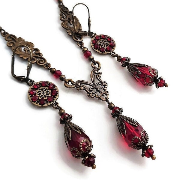 Ox Blood Red Victorian Teardrop Pendant Necklace Earrings, Brass Filigree Crystal Chandelier Earrings, Renaissance Gothic Wedding Jewelry