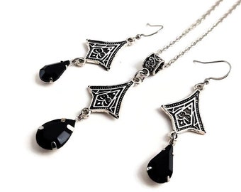 Art Deco Black Teardrop Necklace Earrings Set, Antique Silver Patina Chandelier Earrings, Renaissance Gothic Jewelry, Small Pendant Necklace