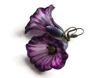 Purple Morning Glory Large Flower Earrings, Hand Painted Realistic Botanical Earrings, Nature Inspired Jewelry, Big Bold Shimmering Earrings