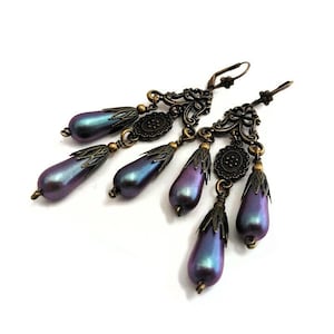 Iridescent Purple Pearl Chandelier Earrings, Hand Painted Teardrop Dangles, Renaissance Baroque Jewelry, Long Statement Victorian Earrings