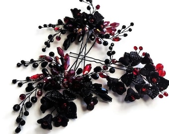 Black and Red Gothic Wedding Hair Pins, Bridal Flower Hair Accessory, Crystal Rhinestone Hair Jewelry, Botanical Nature Bridesmaid Hairpiece