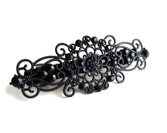 Black Metal Lace Barrette, Crystal Gothic Hair Accessory, Delicate Filigree Wedding Barrette, Victorian Hair Jewelry, Sparkly Hair Clip Gift