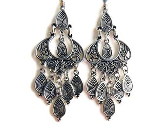 Antique Silver Filigree Chandelier Earrings, Big Bold Ethnic Dangle Earrings, Statement Bohemian Jewelry, Stainless Steel Charmed Earrings