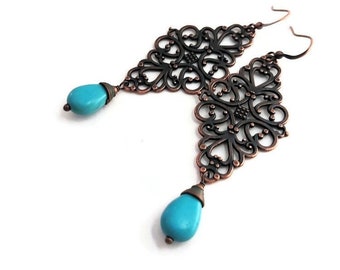 Copper Filigree Turquoise Chandelier Earrings, Metal Lace Teardrop Earrings, Ethnic Tribal Bohemian Jewelry, Large Charmed Gemstone Earrings
