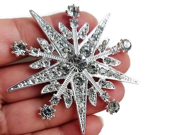 Crystal Starburst Large Silver Brooch, Large Snowflake Rhinestone Pin, Art Deco Reproduction, Holiday Lapel Jewelry, Bridal Bouquet Brooch