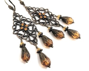 Golden Topaz Crystal Chandelier Earrings, Brass Filigree Teardrop Bling Dangles, Victorian Renaissance Jewelry, Lightweight Large Earrings
