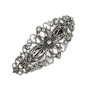 Antique Silver Filigree Crystal Barrette, Metal Lace Large Hair Accessory, Victorian Sparkly Hair Jewelry, Delicate Bling Wedding Barrette