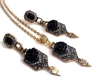 Art Deco Black Rose Necklace Stud Earrings, Antique Gold Crystal Pendant, Renaissance Gothic Jewelry Gift, Bridal Bling Chandelier Earrings