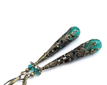 Emerald Green Victorian Teardrop Earrings, Brass Filigree Crystal Earrings, Renaissance Gothic Jewelry,  Long Statement Earrings For Women