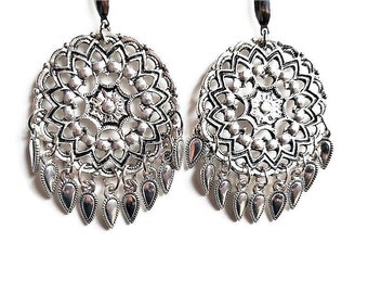 Antike Silber filigrane große Kronleuchter Ohrringe, mittelschwere Metall Spitze Ohrringe, mittelalterliche Stammes ethnischen, baumeln Charme runde Ohrringe