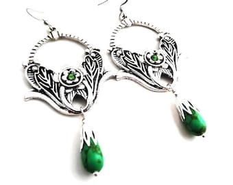 Art Nouveau Large Chandelier Earrings, Antique Silver Dangle Green Teardrop Earrings, Nature Inspired Jewelry, Big Bold Botanical Earrings