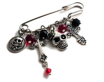 Ancienne épinglette tête de mort et croix en argent, broche en perles de cristal noir et rouge, breloque gothique steampunk godille, épingle croix victorienne pour homme ou femme