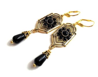 Art Deco Black Chandelier Earrings, Antique Gold Teardrop  Earrings, Romantic Renaissance Victorian Jewelry, Statement Long Dangle Earrings