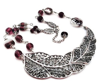 Silver Filigree Big Leaf Asymmetric Necklace Earrings, Burgundy Murano Glass Beaded Necklace, Nature Inspired Jewelry, Dangle Drop Earrings