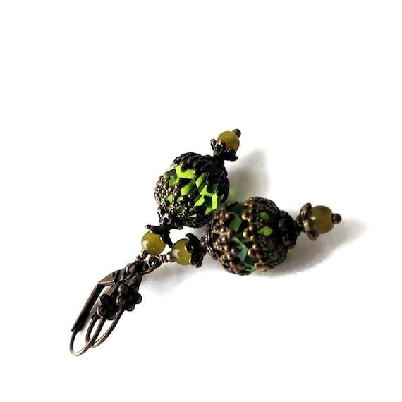 Olive Green Victorian Earrings, Brass Filigree Czech Glass Lantern