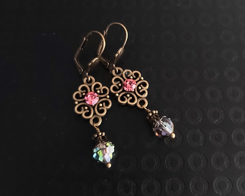 Rainbow Raspberry Acro Rainbow Crystal Teardrop Victorian Pendant Necklace Earrings, Brass ...