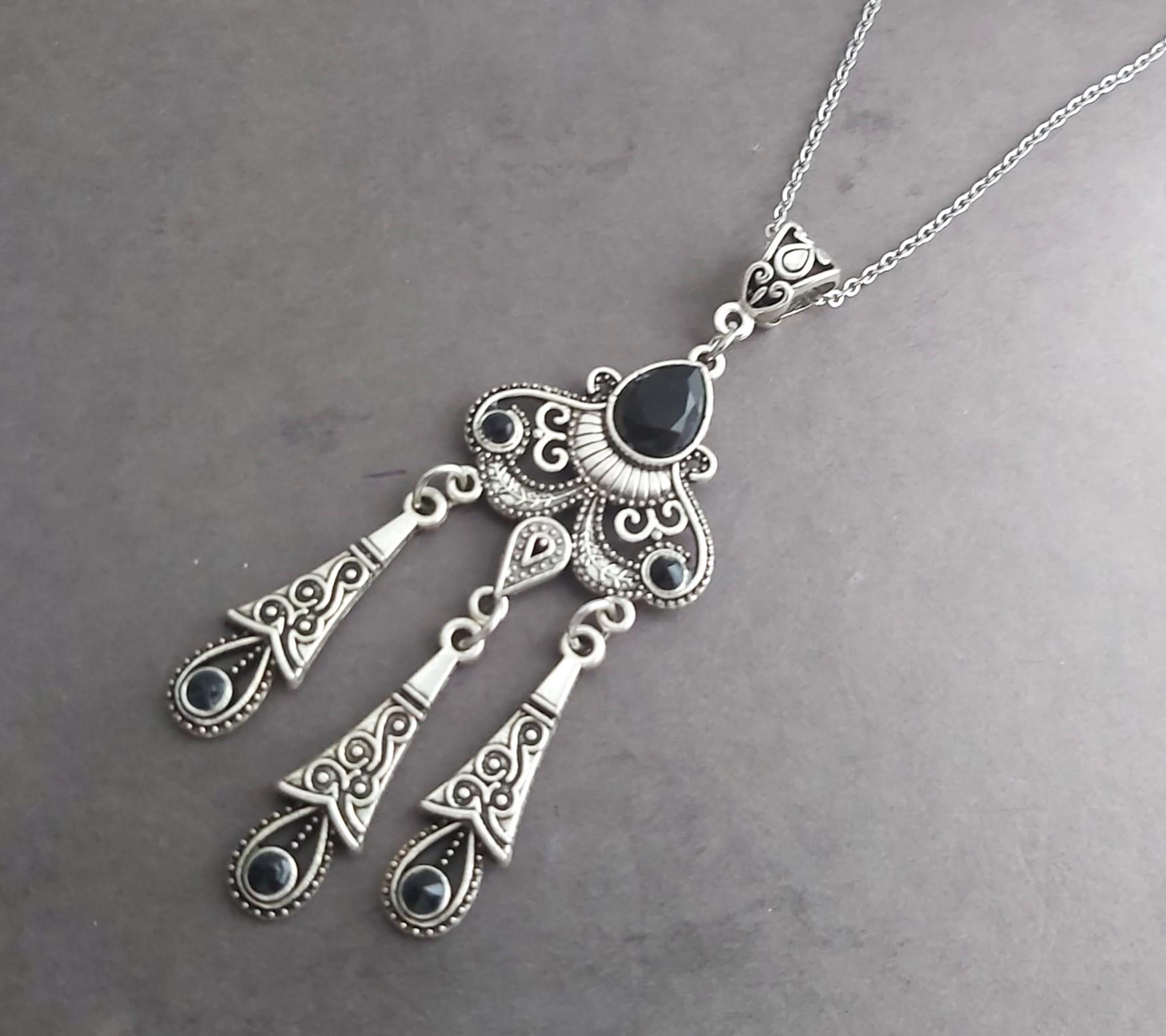 Art Nouveau Chandelier Necklace, Antique Silver Teardrop Pendant Necklace, The Great Gatsby Flapper Jewelry, Stainless Steel Chain Necklace