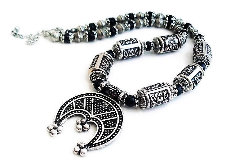Dark Silver Black Patina Lunula Pendant, Norse Viking Beaded Choker,…
