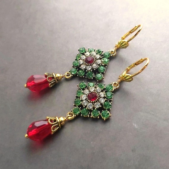 Elegant Gold and Red/Green Crystal Earrings Green and Red Earrings, Gold and Green Crystal Earrings, Red  main image 2