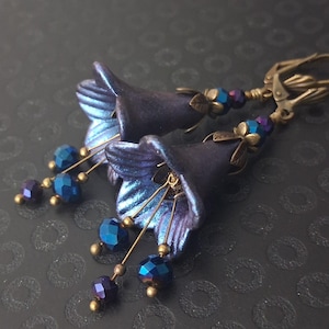 Hand-Painted Iridescent Bellflower Earrings, Purple Blue Botanical Dangles, Nature-Inspired Jewelry, Color Shifting Lightweight Big Earrings