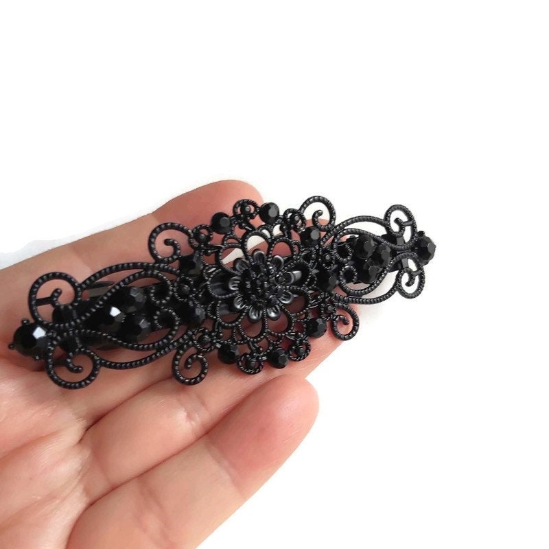 ブラックメタルレースバレッタ、クリスタルゴシックヘアアクセサリー