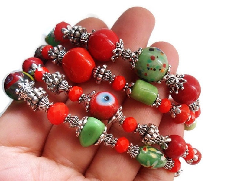 Silver Cuff Bracelet Murano Glass Orange and Green Layering Bracelets Set Bohemian Jewelry Gift For Her Dainty Charm Bracelets For Women