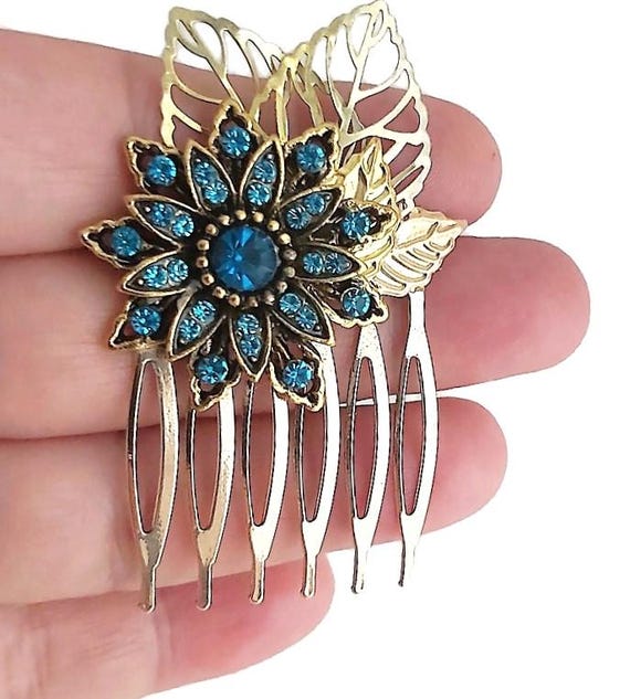 Teal Rhinestone Flower Hair Comb, Victorian Hair Jewelry 