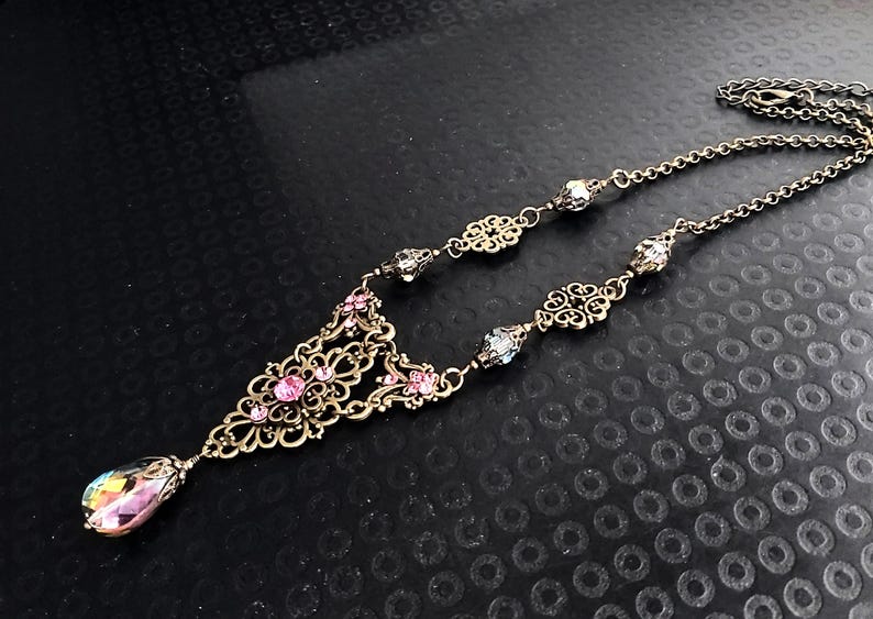 Rainbow Raspberry Acro Rainbow Crystal Teardrop Victorian Pendant Necklace Earrings, Brass ...