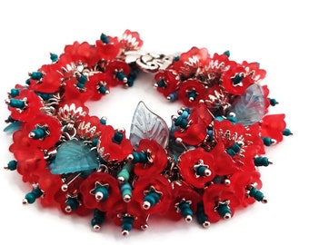 Blue and Red Flower Cha Cha Bracelet Earrings, Statement Silver Charm Bracelet, Nature Inspired Bohemian Jewelry, Chunky Botanical Bracelet